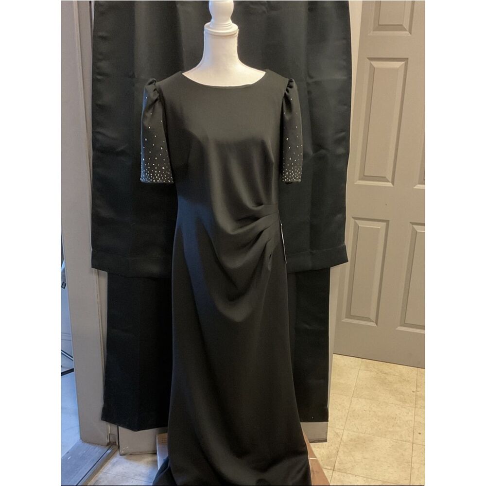 Xscape Black Long Sleeve Evening Gown with Studded Sleeves